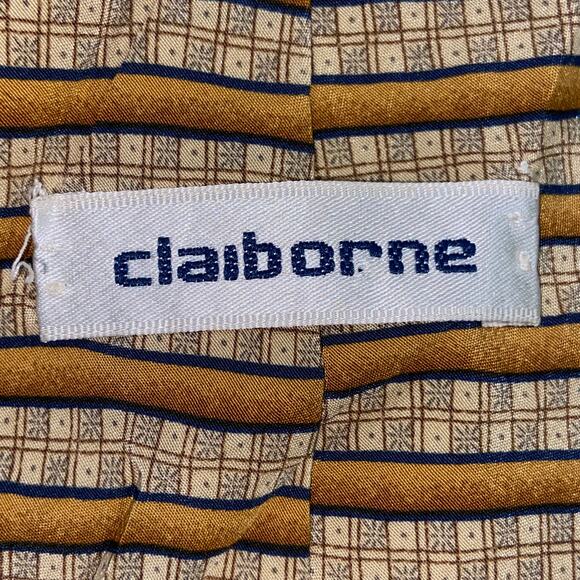 Vtg Claiborne Necktie Brown Tan Geometric Stripe Silk USA 59 x 4 Preppy Sporty - Picture 4 of 8